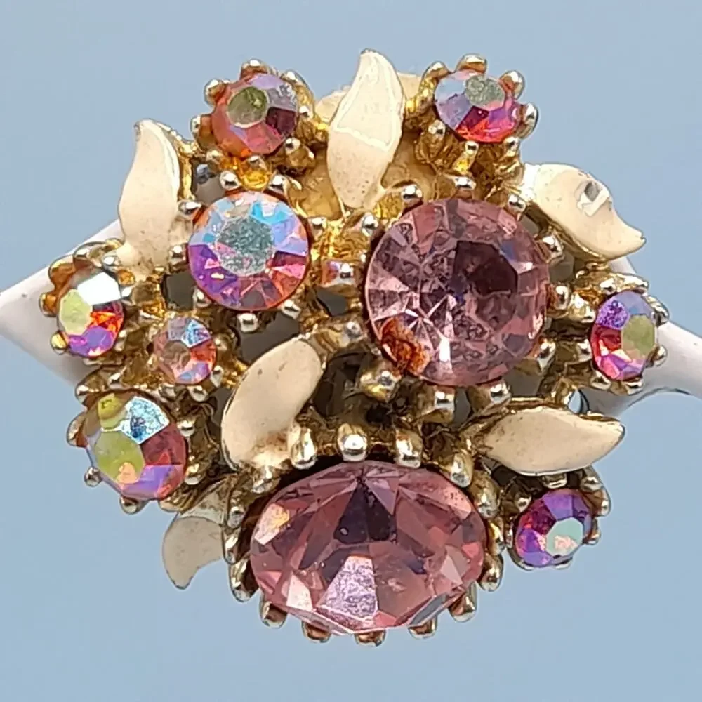 Vintage Arthur Pepper ART Pink Rhinestone Clip Earrings, Aurora Borealis, 1 1/8